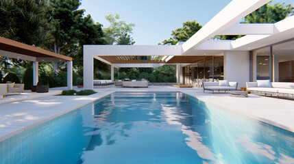 Modern villa featuring a spacious outdoor lounge and sleek pool area.