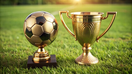 Golden trophy cup, Gold Winners sports cup with soccer ball, football field background, Football Design trophy.