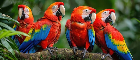 Naklejka premium Vibrant Scarlet Macaws Perched on Tree in Lush Amazon Rainforest - Exotic Wildlife Photography