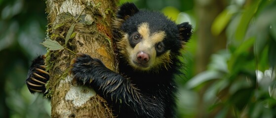 Fototapeta premium Spectacled Bear Climbing a Tree in Lush Amazon Jungle - Wildlife in Natural Habitat