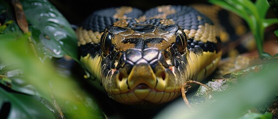 Fototapeta premium Camouflaged Anaconda Moving Through Amazon Jungle Underbrush