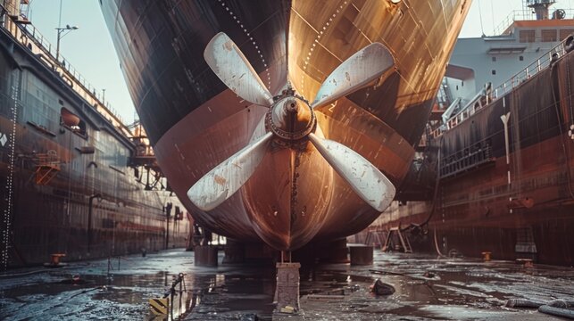 A propeller of a ship sits in a dry dock, ready for maintenance or repairs