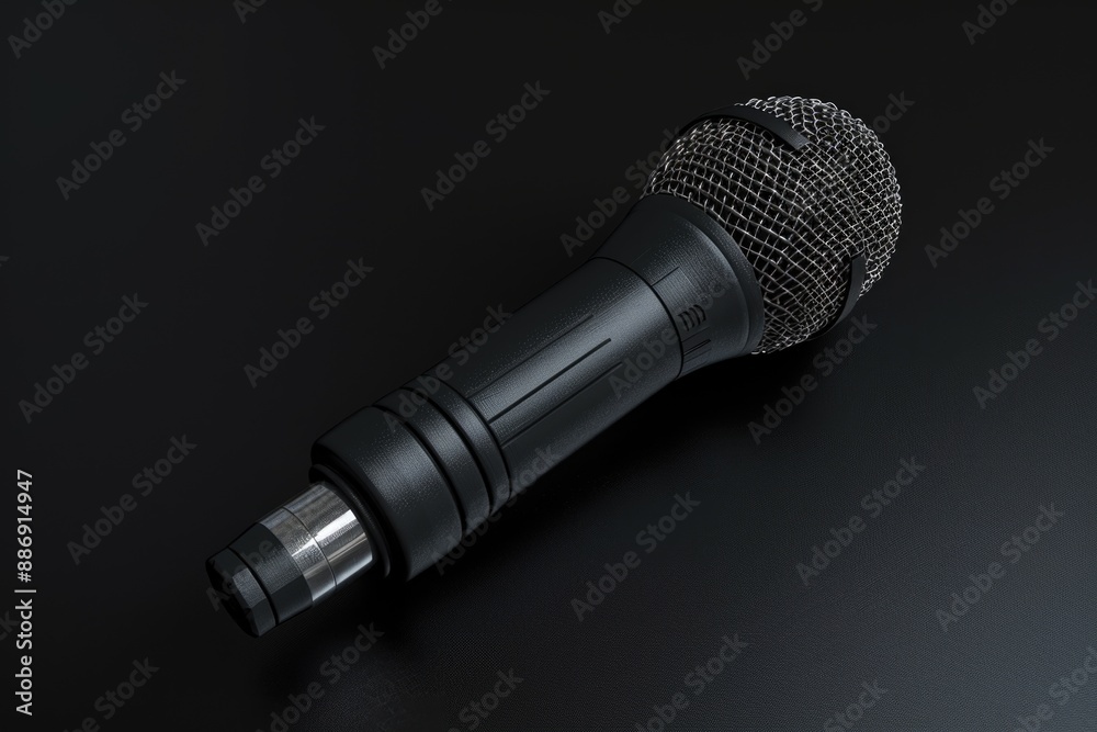 Poster close-up of a black microphone on a dark surface, suitable for use in audio-related or technology-th
