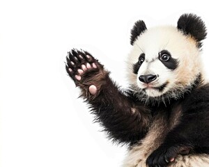 Fototapeta premium A cute panda, with its paw raised, sits on a simple white background. The image can be copied.