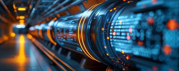 Fototapeta premium Abstract futuristic data center with glowing blue and orange lights.