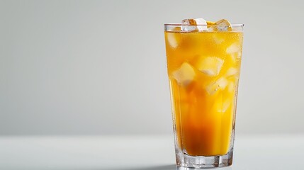 Refreshing Orange Juice with Ice in Tall Glass on Light Background