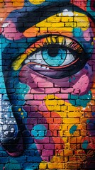 Vibrant Street Art Depicting a Colorful Eye on a Brick Wall