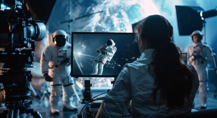 Female director sitting at her desk reviewing footage of astronauts in a space mission