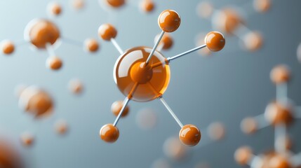 Abstract 3D rendering of molecule structure with orange spheres connected by thin sticks on a light gray background.
