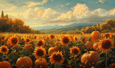 A scenic field of pumpkins and sunflowers under a vibrant sky during autumn