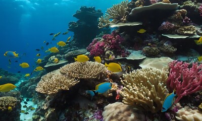 An underwater scene featuring a vibrant coral reef teeming with colorful fish and marine life.