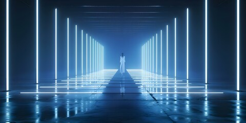 Naklejka premium Produce virtual runway show using holographic CG techniques and digital models. Concept Holographic Fashion Show, Virtual Runway Performance, CG Techniques, Digital Models, Innovative Fashion Display