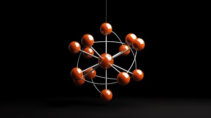 Abstract 3D rendering of spheres connected by thin rods, resembling an atom or molecule.