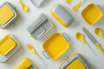 The lunch box is yellow-gray with 3D visualization, located on a monochrome background. pattern