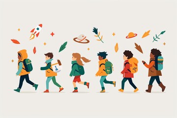 School activities, kids enjoying fun with friends, flat design illustration