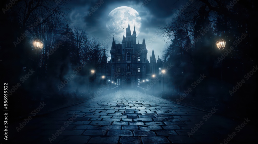 Poster a castle is shown in the dark with a full moon in the background. the castle is surrounded by a cobb