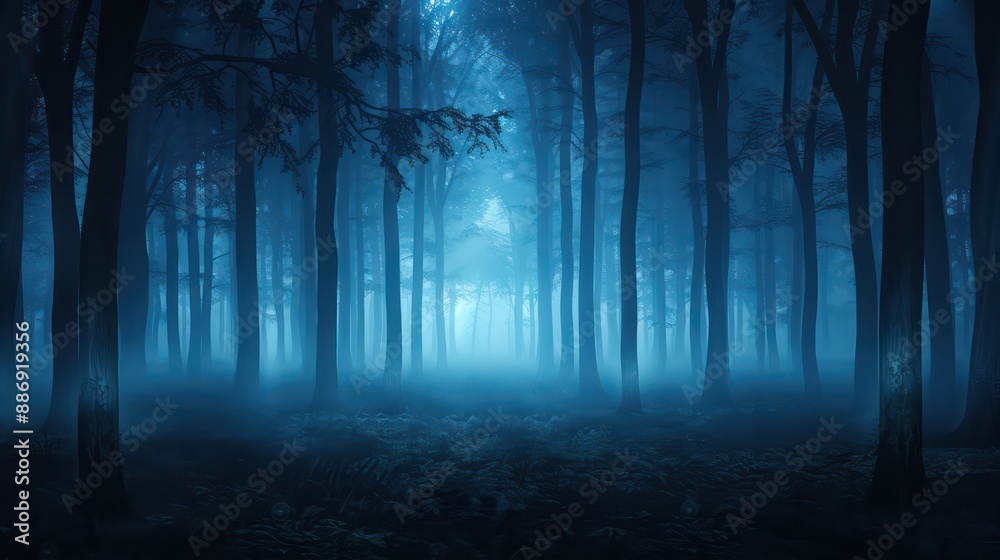 Poster a forest at night with trees and fog. scene is eerie and mysterious. the darkness of the night and t