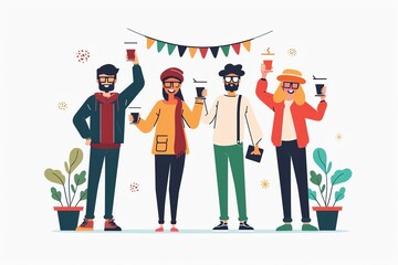 School reunion, friends reuniting and having fun, flat design illustration