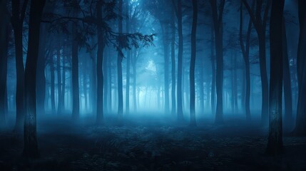 A forest at night with trees and fog. Scene is eerie and mysterious. The darkness of the night and the fog make the forest seem like a place of unknown dangers and secrets. The trees are tall