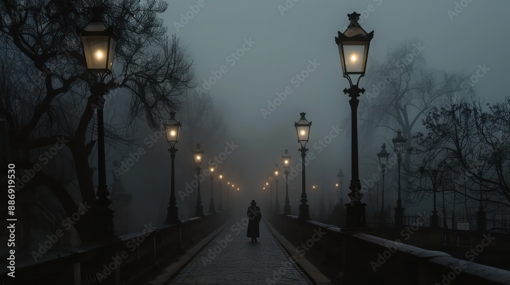 Poster a man walks down a path in the rain. the street is lit by several street lamps, creating a moody atm