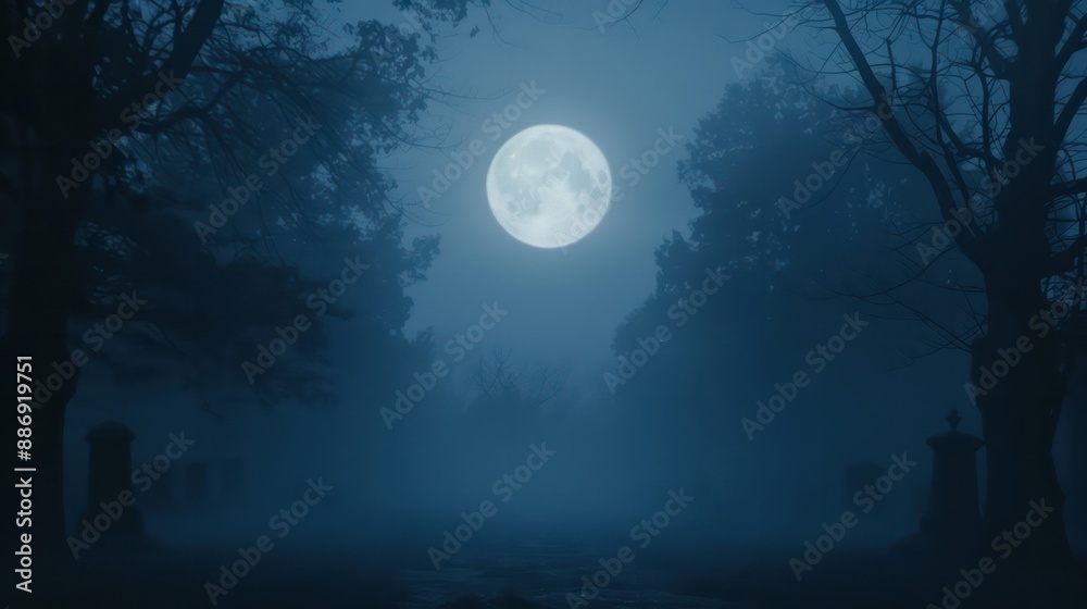 Poster a large moon is shining in the sky above a cemetery. the moon is the only light in the scene, creati