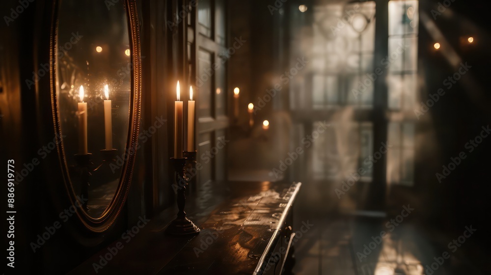 Poster a dark room with a mirror and a table with candles on it. the candles are lit and the room is dimly 