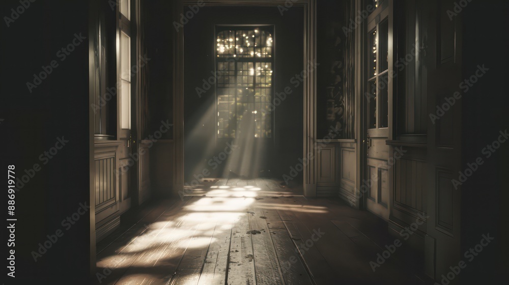 Poster a dark hallway with a window that is letting in sunlight. the light is shining on the floor, creatin