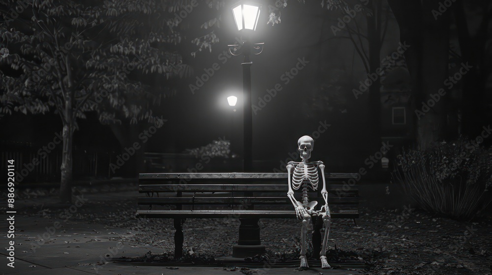 Poster a skeleton sits on a bench in a park at night. the scene is dark and eerie, with only a street lamp 