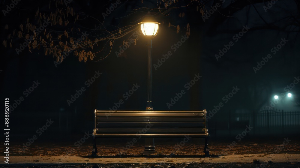 Poster a park bench is lit up by a street light. the scene is dark and quiet, with only the light from the 