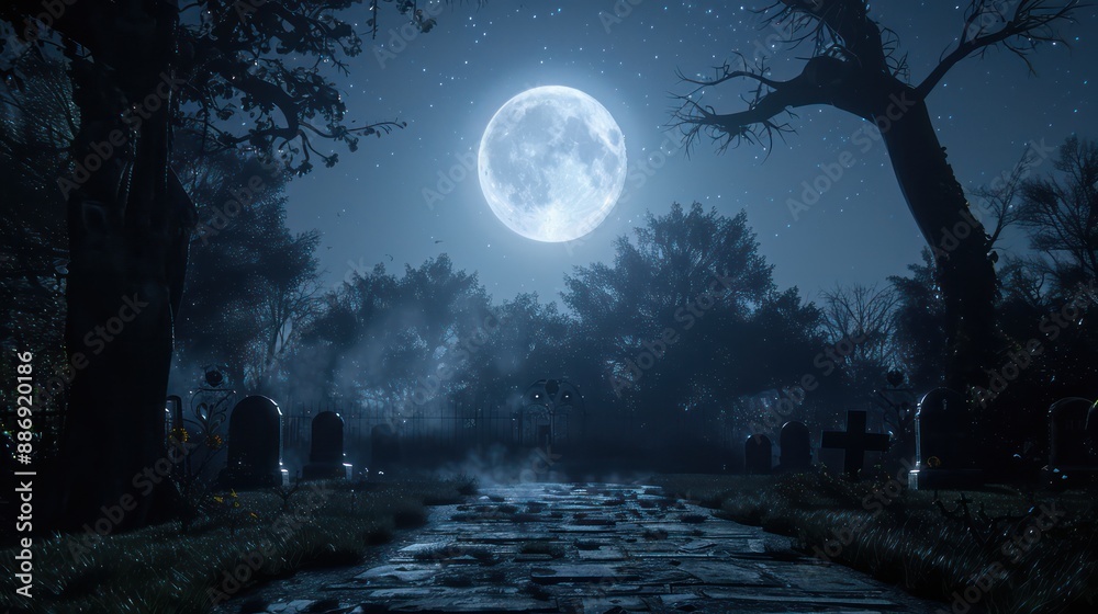 Poster a graveyard with a large moon in the sky. the moon is shining brightly and casting a shadow on the g