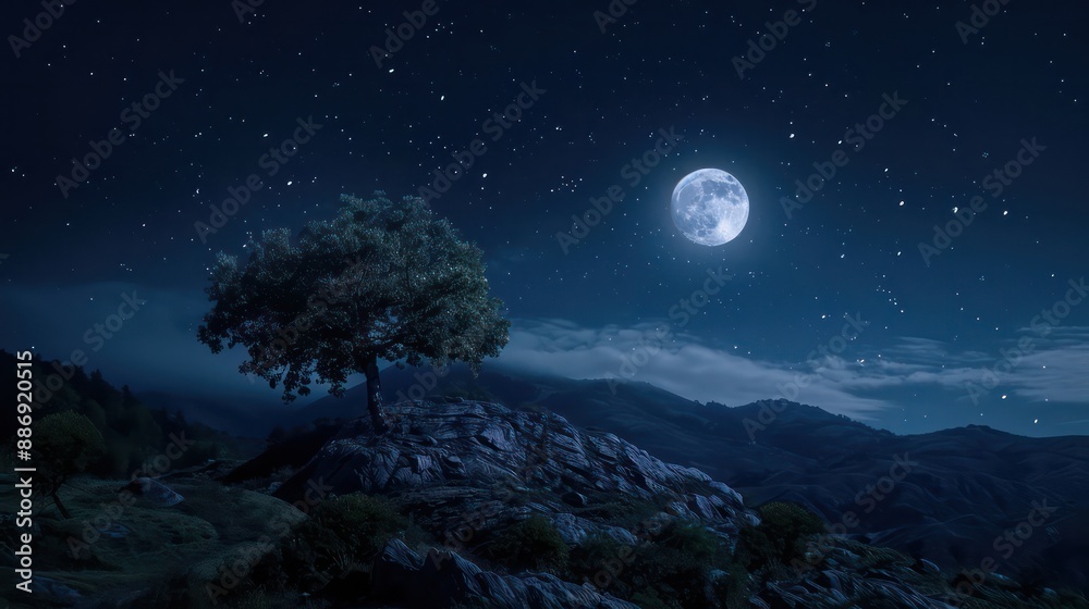 Poster A tree is lit up with glowing lights and a full moon is in the sky. The scene is peaceful and serene, with the tree standing tall on a rocky hill
