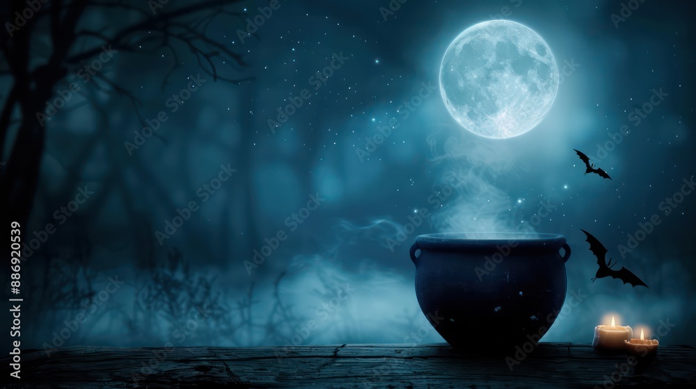 Poster a large black pot with a blue moon in the background. the pot is filled with smoke and there are two