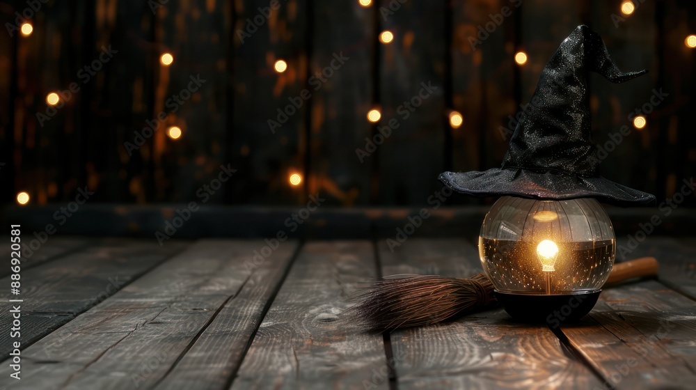 Poster a witch's hat is lit up with a candle inside. a broom is next to it. the scene is set in a dark room