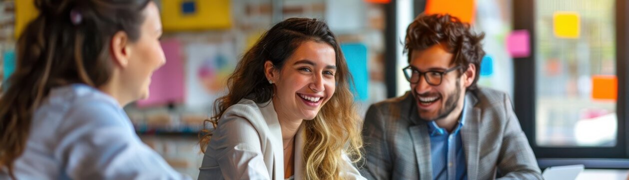Three colleagues laughing and talking in an office setting.