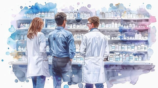 Three pharmacists in a pharmacy, looking at a shelf of medicine bottles.