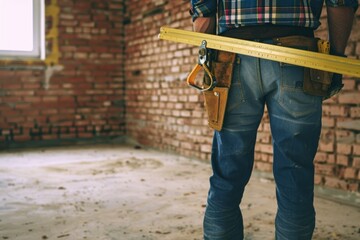Handyman in jeans and plaid shirt stands in front of brick wall holding measuring tool. Home renovation and construction concept with rustic style. Generative AI
