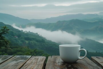 Serene coffee mug on rustic table with misty mountain view, evoking peace and tranquility