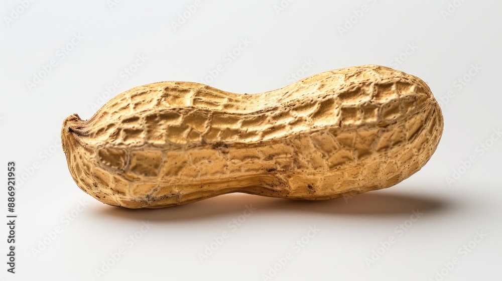 Poster a close-up image of a single peanut sitting on a white surface