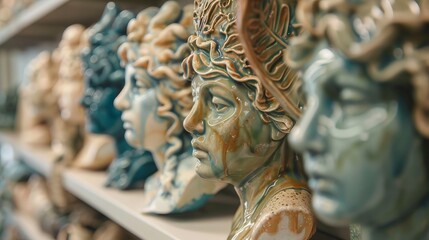 Detailed Collection of Artistic Sculptures Displayed on Shelves in a Studio Setting