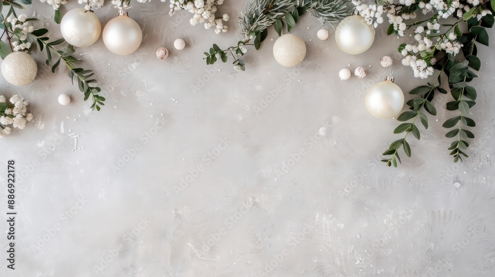 Poster a white background with a bunch of white christmas ornaments and greenery. the white background is t