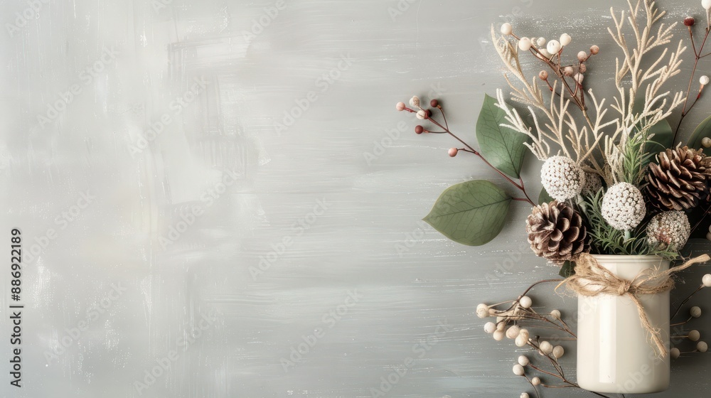 Poster a white vase with pine cones and berries sits on a grey background. the vase is the focal point of t