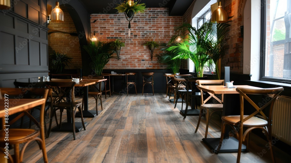 Poster A restaurant with a brick wall and a large window. The tables are empty and the chairs are arranged in rows