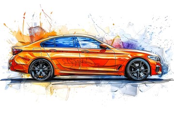 Vibrant Watercolor Illustration of a Sleek Orange Sports Car