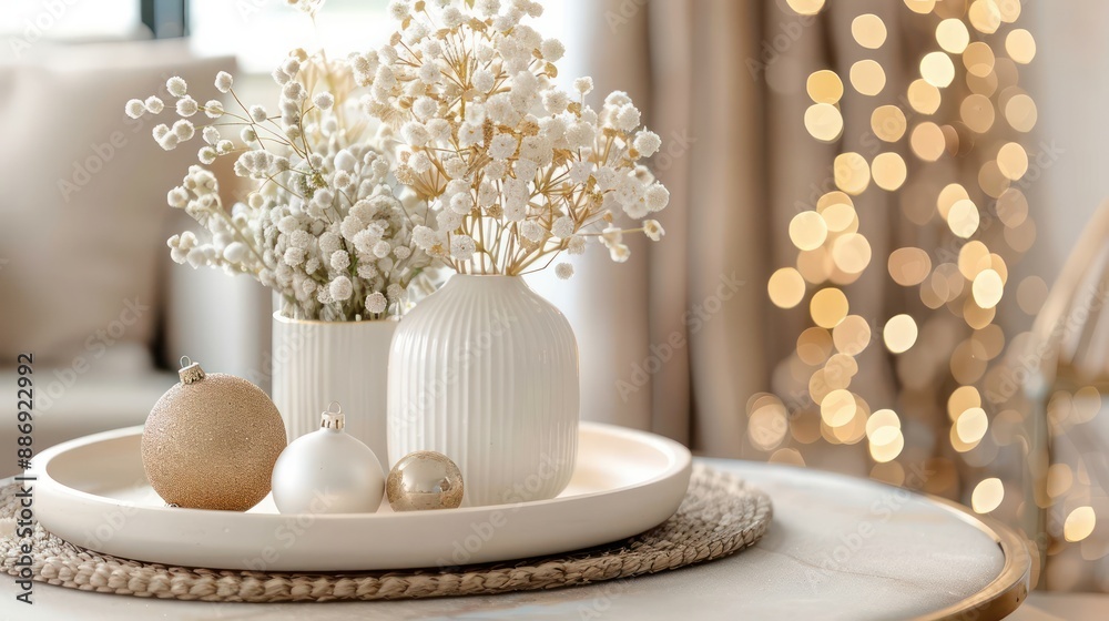 Poster a white tray with a vase and a few ornaments on it. the tray is placed on a table