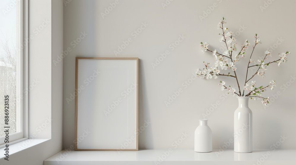 Poster a white vase with flowers sits on a white table next to a white framed picture. the scene is simple 