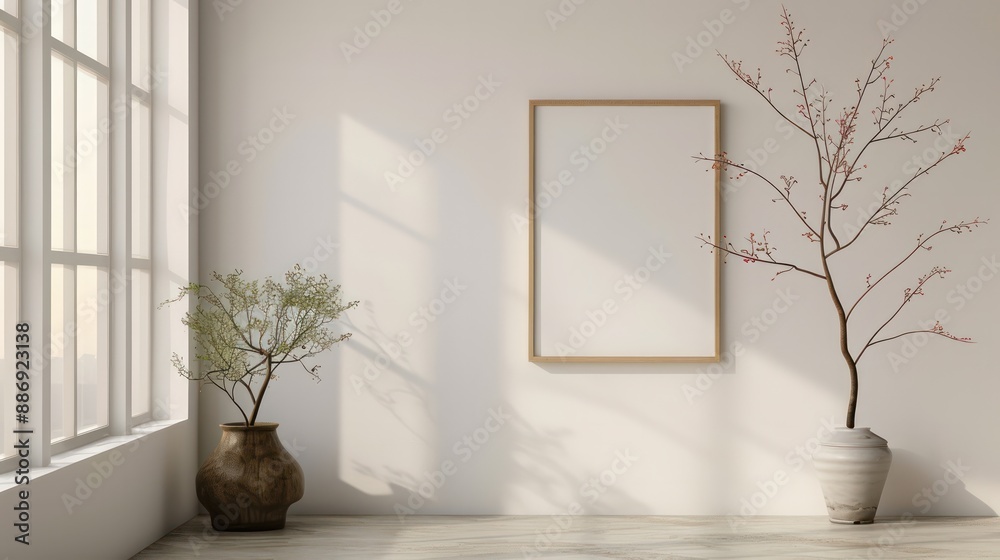 Poster a white room with a large window and a white frame on the wall. there are two potted plants in the r