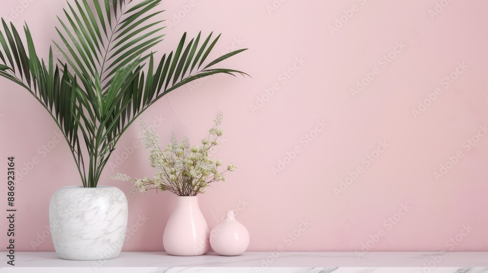 Poster a white vase with a green plant in it sits on a shelf. the vase is surrounded by two other vases, on