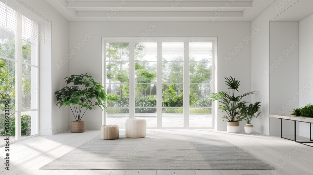 Poster a large open room with white walls and a white carpet. there are two potted plants, one on the left 