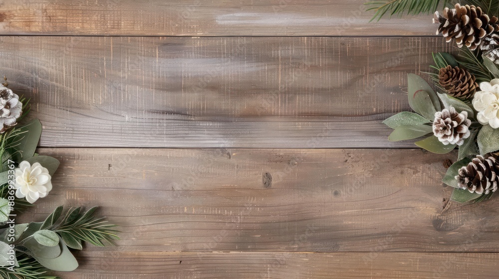Poster a wooden background with a white flower and pine cones on it. the background is a simple, natural se