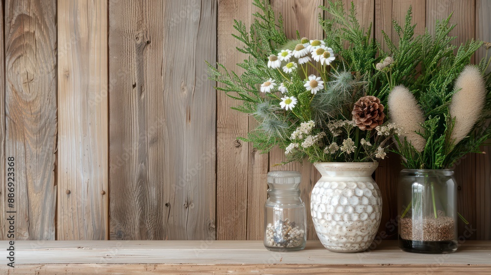 Poster a wooden shelf with three vases and a bouquet of flowers. the vases are white and the flowers are gr